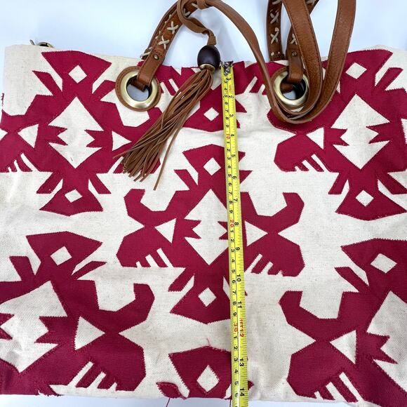 Lucky Brand Aztec Print Southwest Red and Cream Large Cotton Tote Shoulder Purse - Picture 4 of 12